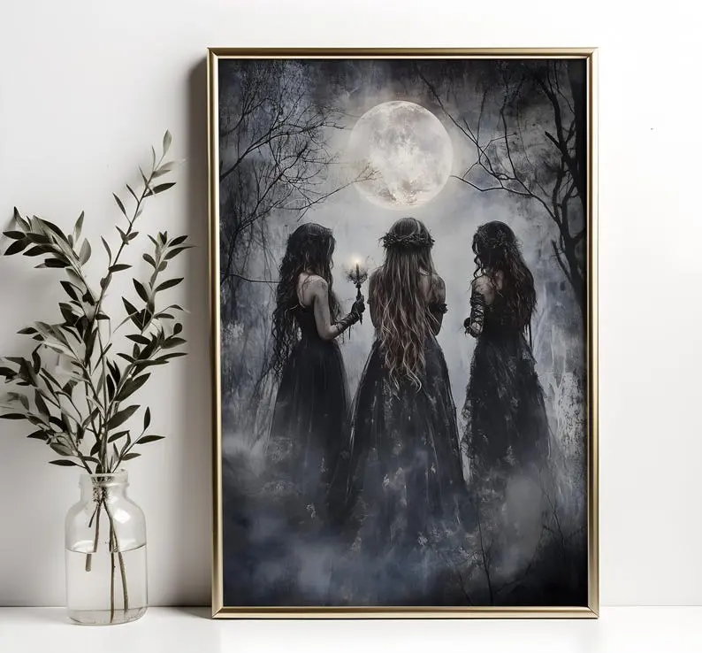 Moonlight Gathering - The Coven  (Three Witches),  Occult Wall Art, Witchcraft poster, Wiccan print,  Dark Gothic Decor for Home Library, Unframed