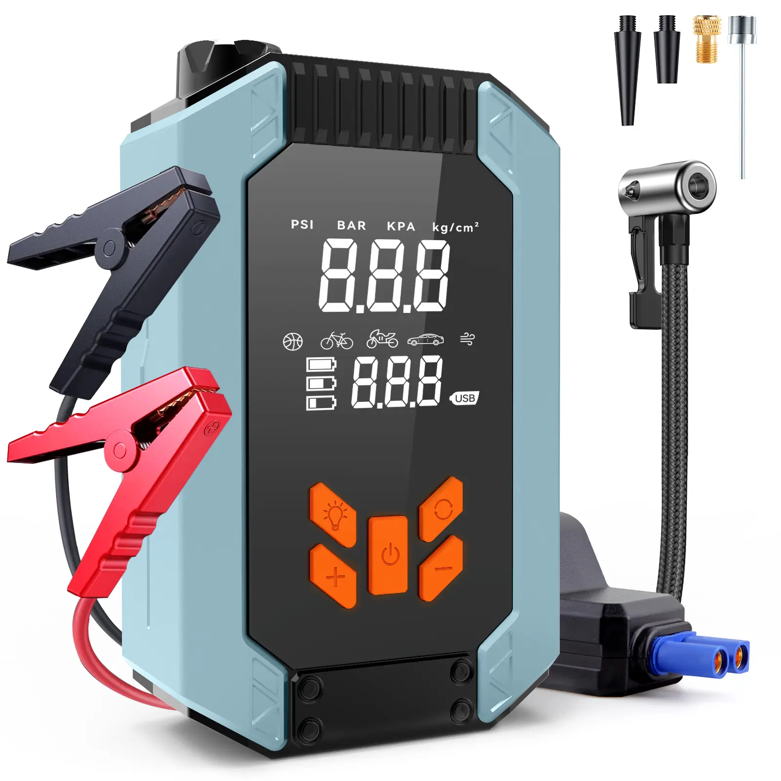 Portable Car Jump Starter with Air Compressor, Battery Booster, Tire Inflator, Smart Jumper Cables, LED Flashlight, LCD & Tire Pressure Display