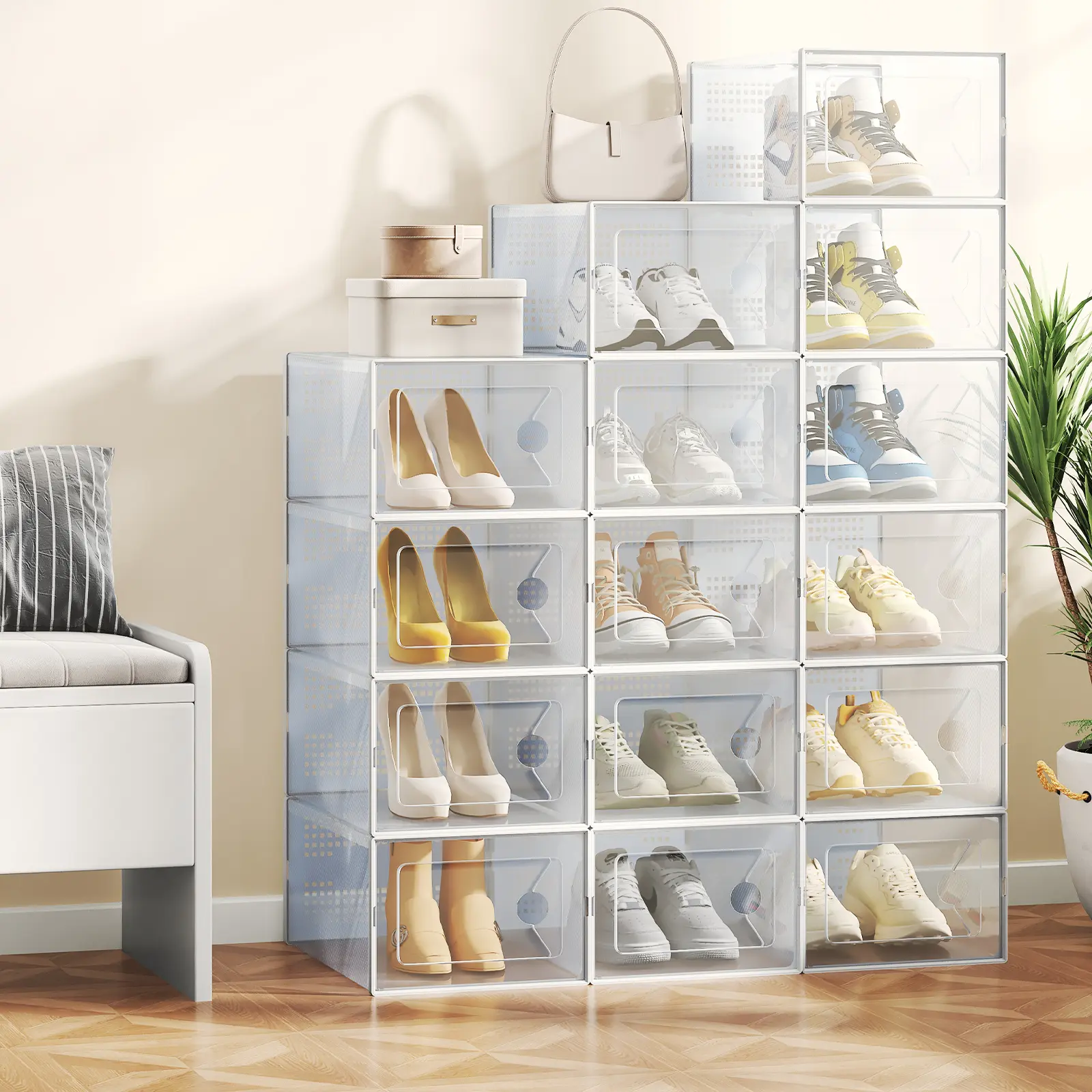 Sweetcrispy Stackable Plastic Shoe Storage Organizer Boxes with Lids - High Capacity Expandable, Secure Interlocking Connectors, Breathable Design, Large & X-Large Sizes for Under Bed, Closet, Room Storage Inserts, Organizer Storage