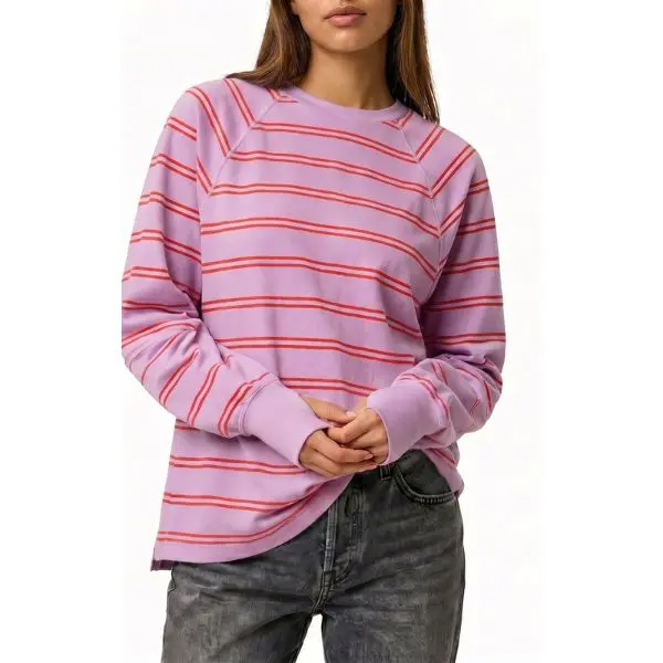 Fisoew Women's Lightweight Essential Horizontal Striped Raglan Long Sleeve Cardigan T-Shirt - Crew Neck, Oversized Loose Fit, Side Slit, Ribbed Cuffs, Solid Jersey Fabric, Vintage Minimalist Preppy Style, Soft Casual Tunic, Cardigans