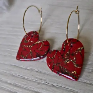 Polymerclay Large Red Heart Marbled Design Hoops Earrings
