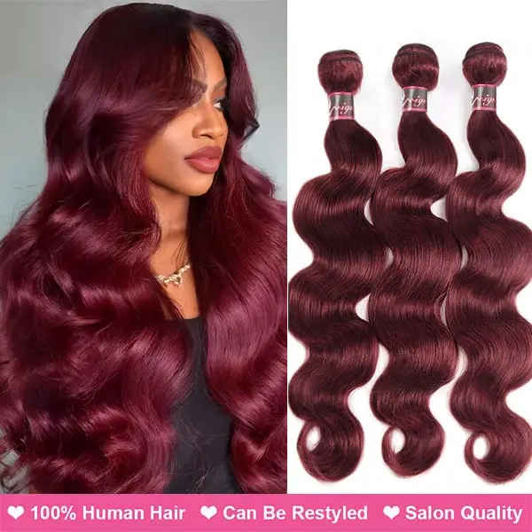Uwigs 99J Bodywave Human Hair Bundles, 1/3/4 Bundle Red Colored Fashion Hair Extensions, Bodywave Hair