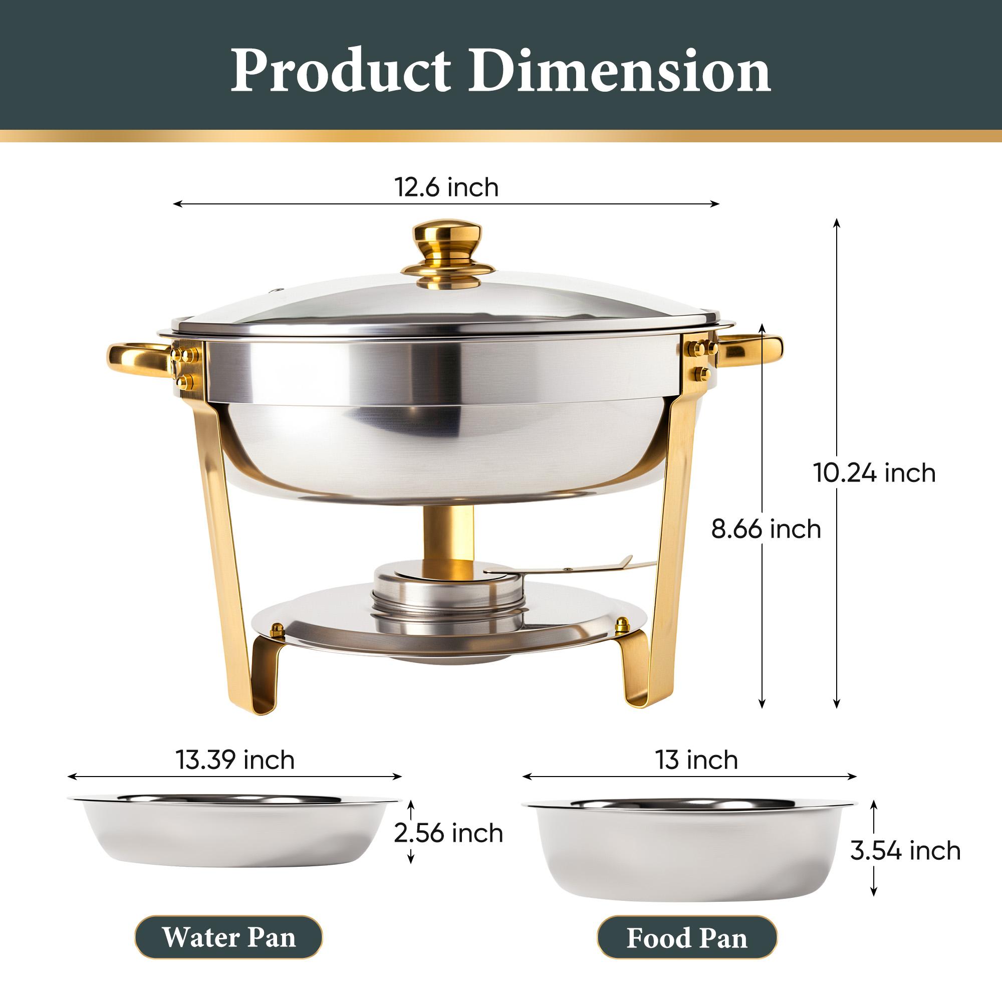 4-Pack Round Chafing Dish Buffet Bakeware Set - Stainless Steel Body with Gold Accents, Glass Lid, Lid Holder; Keeps Food Hot or Cold, Ideal for Catering Events, Family Parties