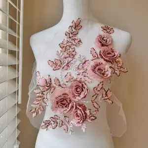 Pink Applique Beaded with Sequins 15 x 11 in, Embroidered 3D Flowers For Dance Costume, Ballet, Couture Gowns, Garments, Kids Dress Decore