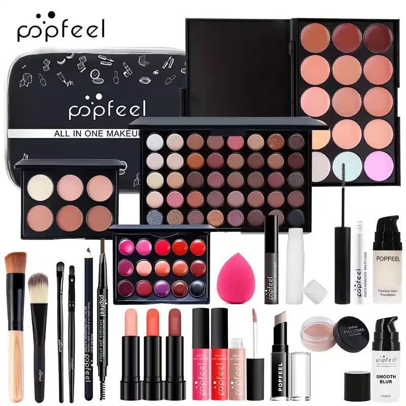 Popfeel Regular Edition 24-Piece Makeup Set - 40-Color Eyeshadow Palette, Glossy Lip Products, Smoothing Foundation, Blush, Waterproof Makeup Brush Full Set - Beginner-Focused, All Skin Types Mother's Day Gift, Cosmetics Kit, Mother's Day Gifts