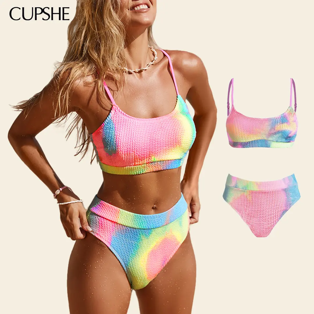 CUPSHE Women's Bikini Set Two Piece Swimsuits Stylish Beachwear High Waisted Scoop Neck Spaghetti Adjustable Straps Textured Swimwear(XS-XXL) Bathing Suits Bathing suit #summerfinds