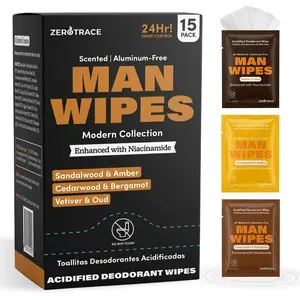 Zero Trace Travel Deodorant Wipes for Men – 15 Individually Wrapped Deodorizing Wipe with Sandalwood & Amber, Cedarwood & Bergamot, Vetiver & Oud – Refreshing Underarm Body Wipes for Gym & On-the-Go