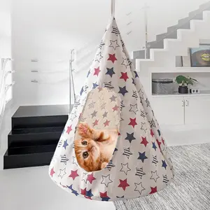 Pet Hammock With Printing Hanging for Kitten Cat Puppy and Dog High-Quality Linen Fabric Soft Comfortable Breathable Durable Portable Foldable Conical Shape Blue Stripes White Stars Size M 45x45x56cm