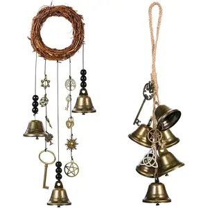 2 Pieces Witch Protection Door Hangers Wind Chimes Wreath Handmade Hanging Bells Wiccan Magic for Home Doorknob Witchcraft Decorations
