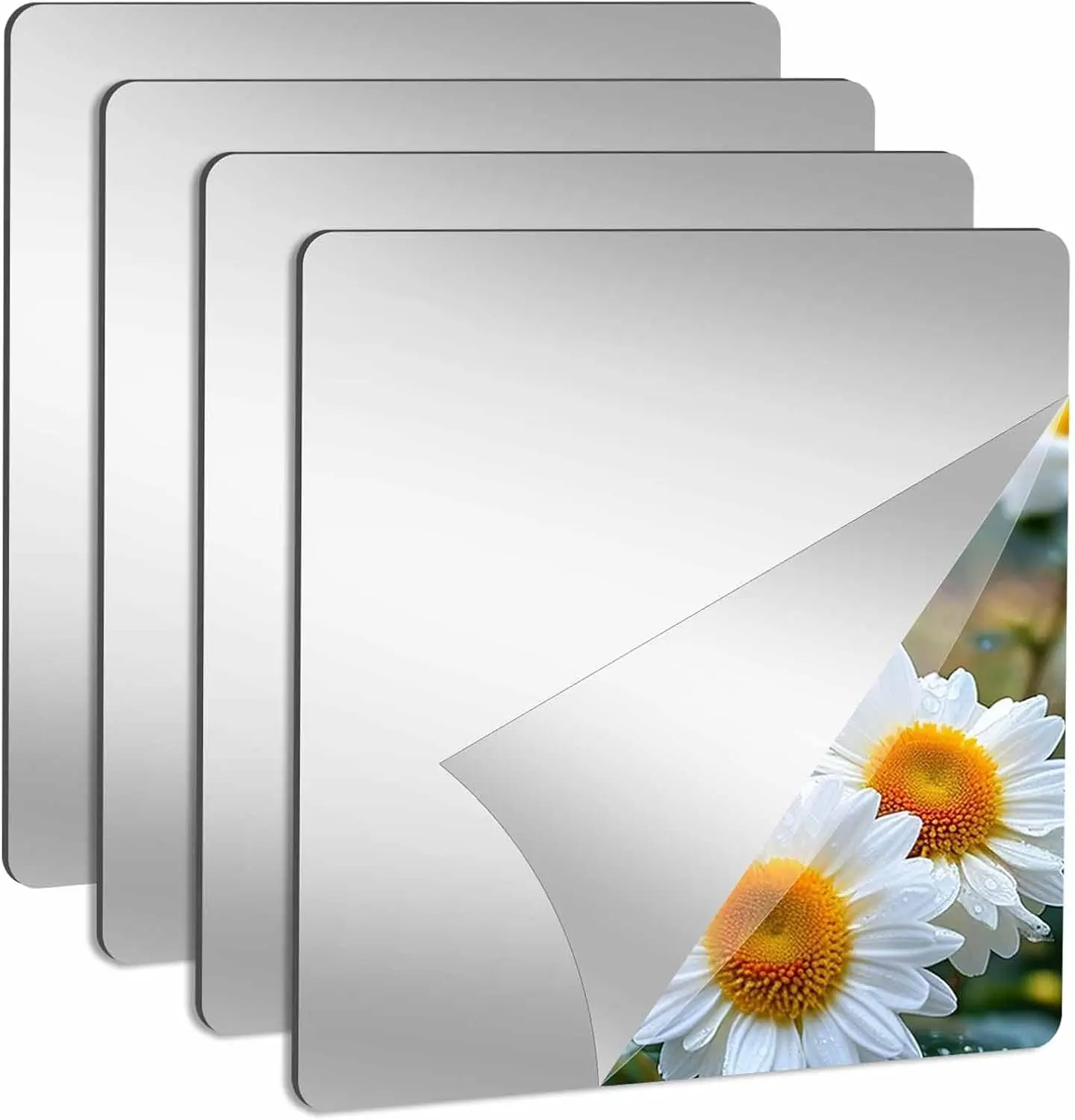 Acrylic Mirror Tiles 4 Pack, 7.87" x 7.87" Flexible Safety Mirror for Home Wall Decoration,  Removable Silvery Mirror Panel Wall