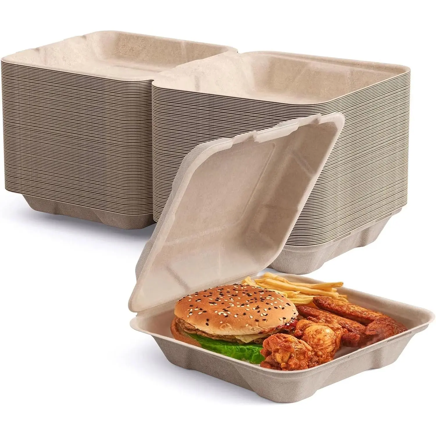 50-Pack 8*8 in Heavy-Duty Leakproof 1-Compartment Compostable Clamshell To-Go Containers, Double Lock Oil & Cut-Resistant Eco-Friendly Biodegradable Disposable Food Storage Boxes for Daily Meal, Party Takeout, 8*8 In,1 Compartment, Oil And Cut-Resistant