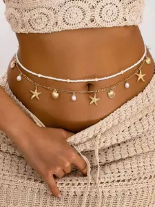 2pcs Boho Style Shell Starfish Beaded Adjustable Waist Chain, Beaded Design Summer Beach Essential Accessory,  Ocean Series Jewelry for Women, Oceanic Themes, Accessories for Women