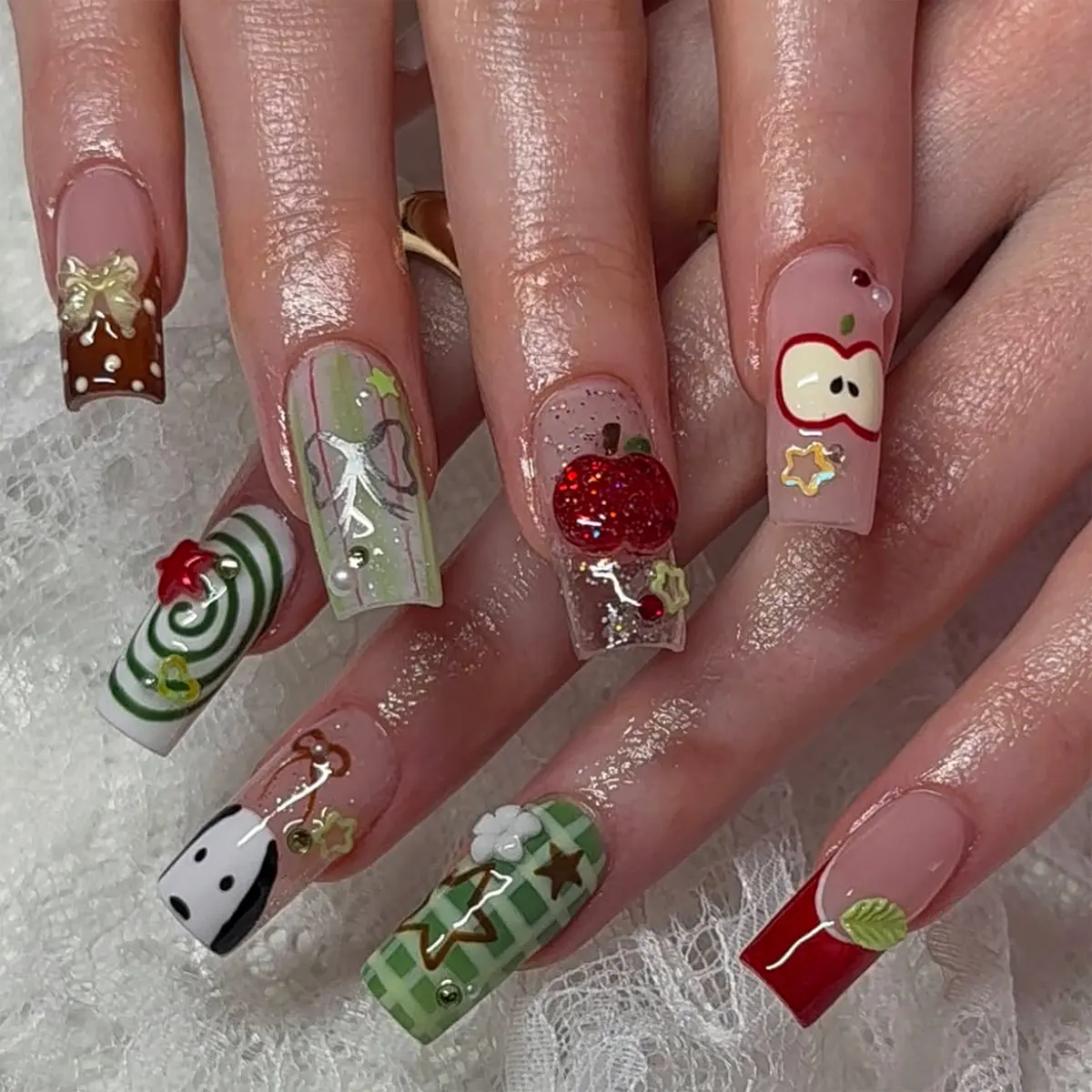 24 pcs long square press on nails, Nail Art Design, Decorative Nails, Spring leaves checkerboard hand-painted dog red apple bright yellow bow Summer beach, party portable Glossy fake nails with jelly glue