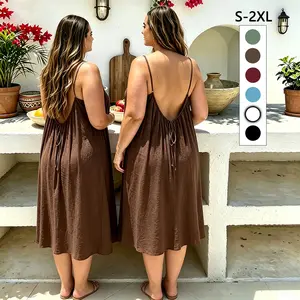 Plus Size Women's Casual Solid Color, Backless Loose Tie-Strap Maxi Dress Backless vacation style long home skirt dress for women Womenswear Womenswear Elegant