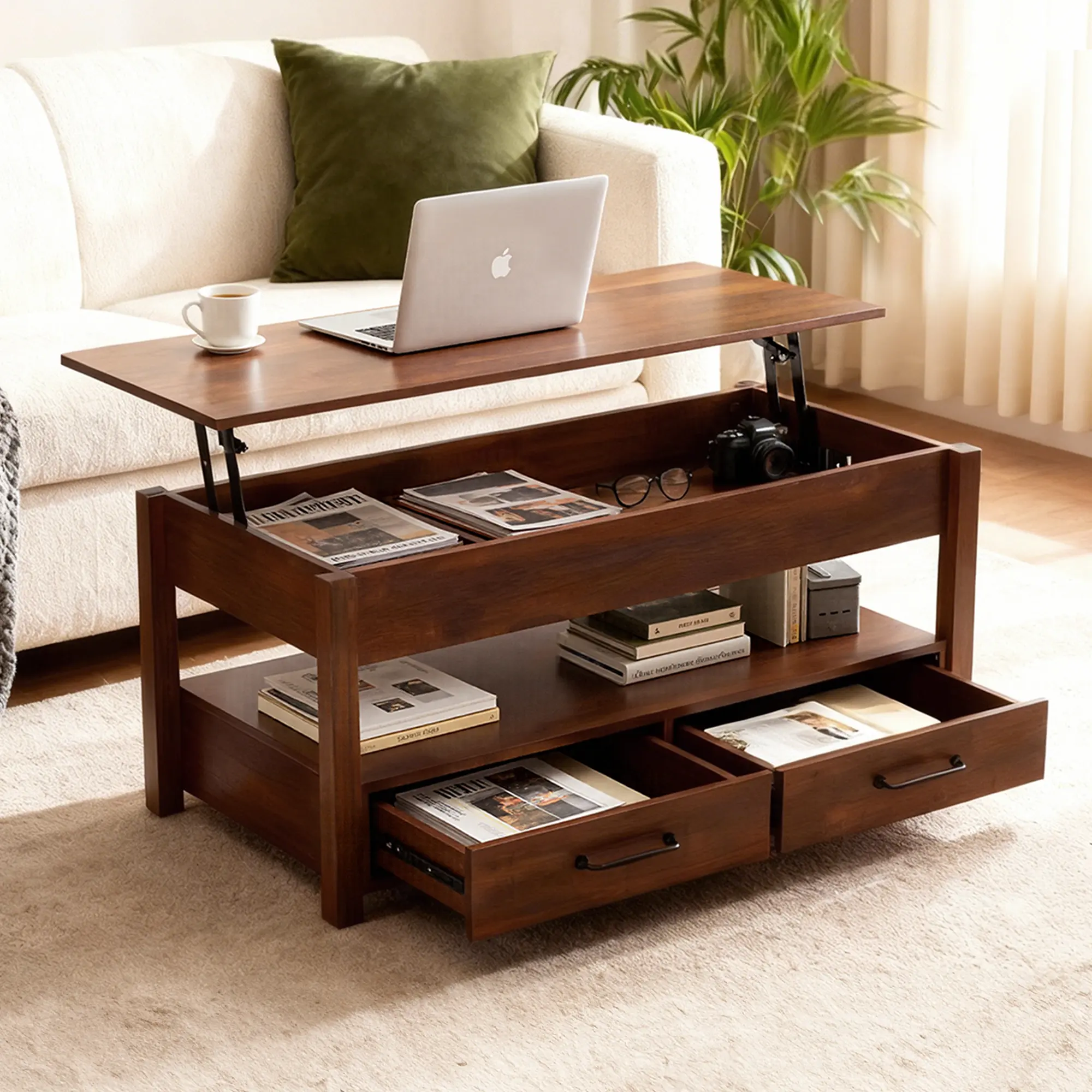 Modern Rectangle Lift-Top Coffee Table with Drawers, Hidden Compartment, Drop-Down Functionality – Living Room Decor, Furniture for Living Room, Rectangle Coffee Table, Modern Center Table, Dining Table