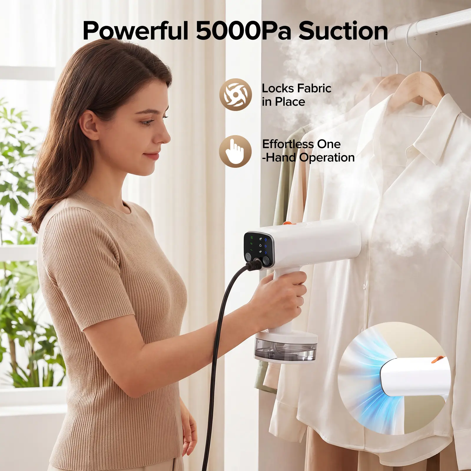 【2026 New Arrivals】Portable Steam Iron, 5000Pa Suction Power, Powerful Suction, Quick Wrinkle Removal, 3 Steam and Suction Settings, Suitable for All Fabrics, 350ml Removable Water Tank with Bottle Adapter, Travel Iron with Continuous Water Supply Travel,