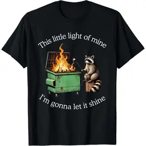 Women's Funny Meme T-Shirt, Casual Soft Cotton Blend Top with 'This Little Light of Mine' Raccoon Graphic, Breathable Short Sleeve