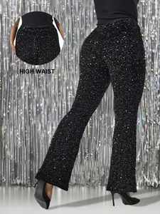 Elegant Plus Size Women's Sequined Flare Pants, Womenswear, Dual Layer Fabric, Perfect for Dates and Parties, Comfortable Daily Wear