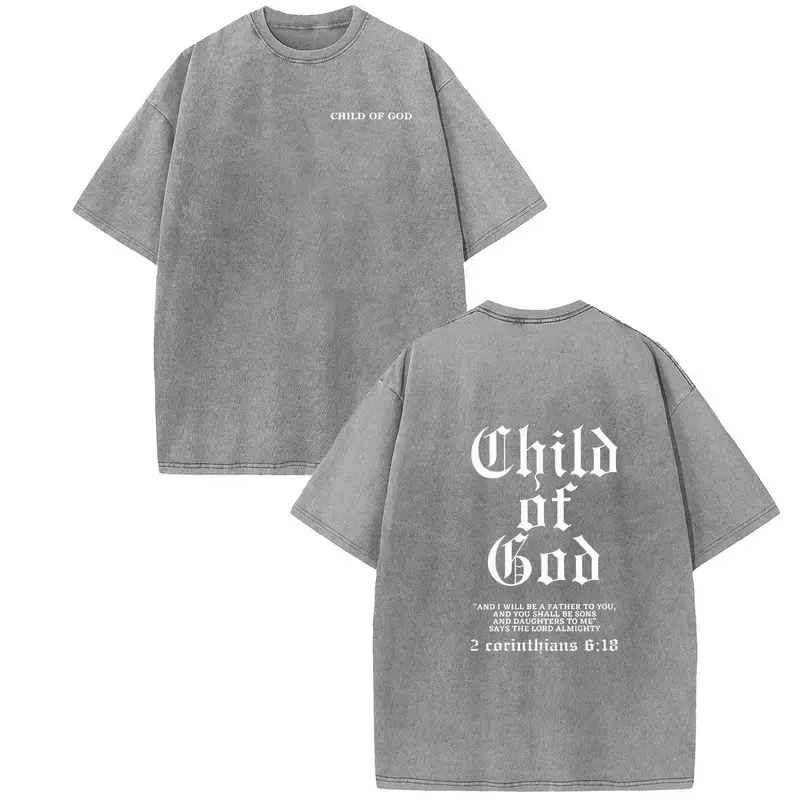 intage Grey Acid-Washed Oversized Heavy Cotton Crewneck T-Shirt, Front Small Child Of God Letter Print & Back Gothic Child Of God 2 Corinthians 6:18 Bible Verse Dual-Sided Graphic Print, Loose Drop-Shoulder Unisex Casual Tee, Retro Christian Streetwear