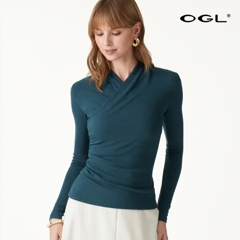 OGL Women's Long Sleeve Faux Wrap Top - Surplice V-Neck Minimalist Shirt for Fall, Work & Casual Wear Fall Deals For You