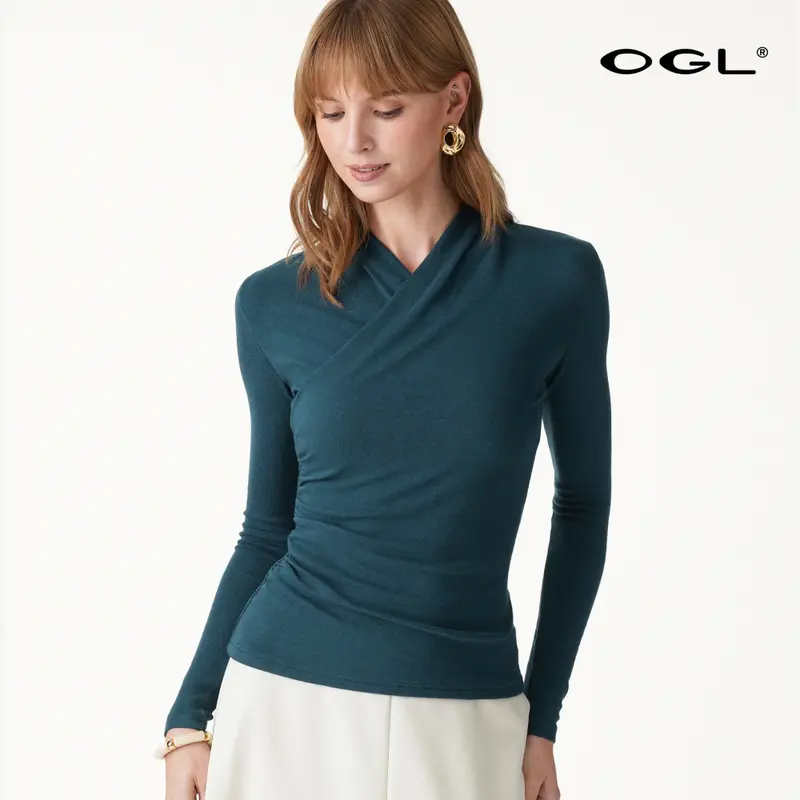 OGL Women's Long Sleeve Faux Wrap Top - Surplice V-Neck Minimalist Shirt for Fall, Work & Casual Wear Fall Deals For You
