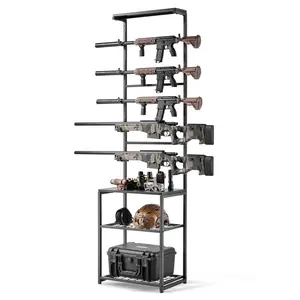 Floor Standing Gun Rack For Indoor Rifles And Shotguns, Heavy Duty Steel Display Stand With Integrated Storage Shelf, Wall Mount Compatible Configuration, Holds Up To 5 Long Guns, Ideal For Home Garage Hunting