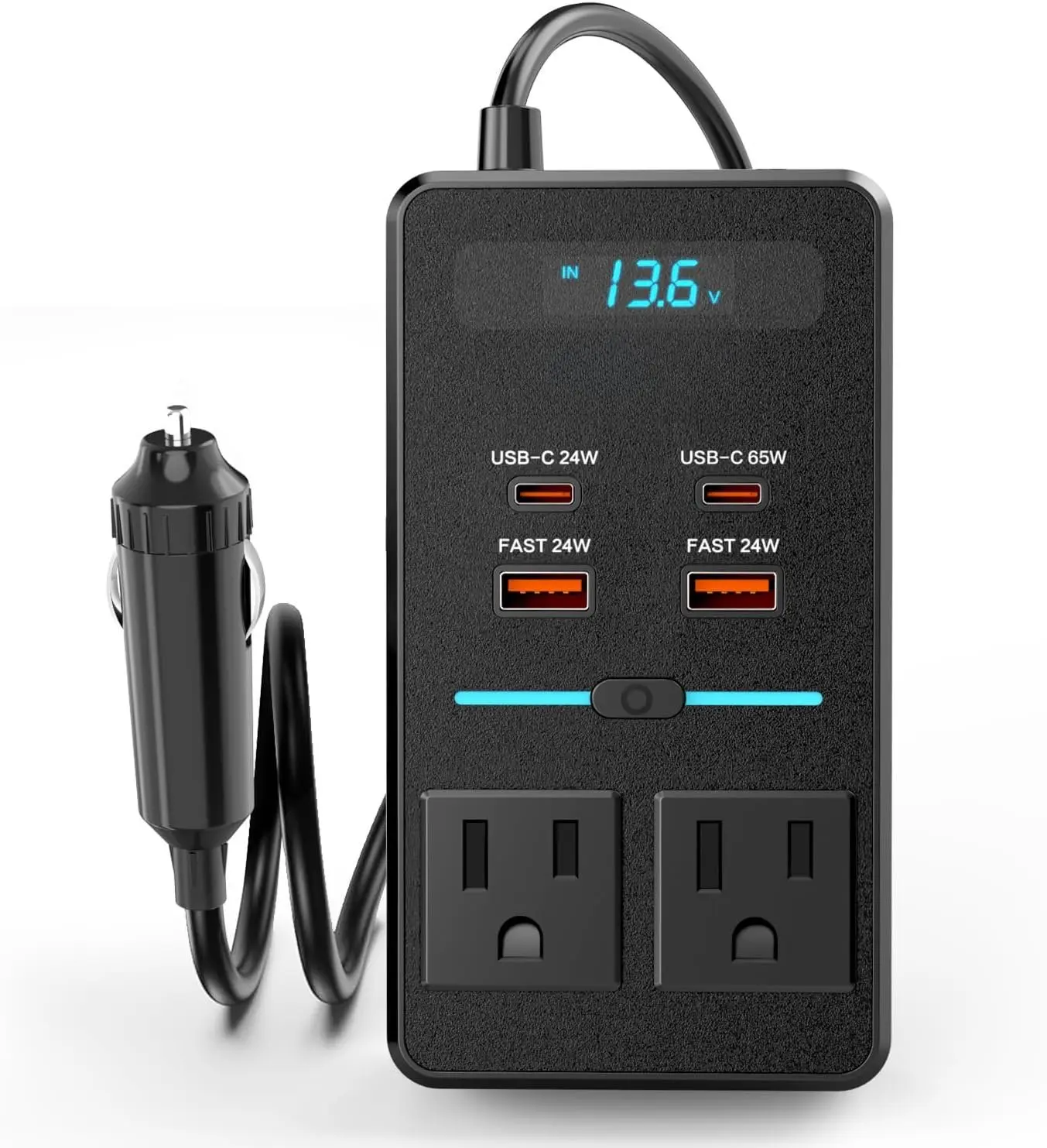 300W  Power Inverter - Dual DC to AC Plug Adapter Outlets, 65W USB-C Fast , 24W USB-C & 3.0 USB-A Ports, Portable  Charger with  Control Converter for Laptops, Phones