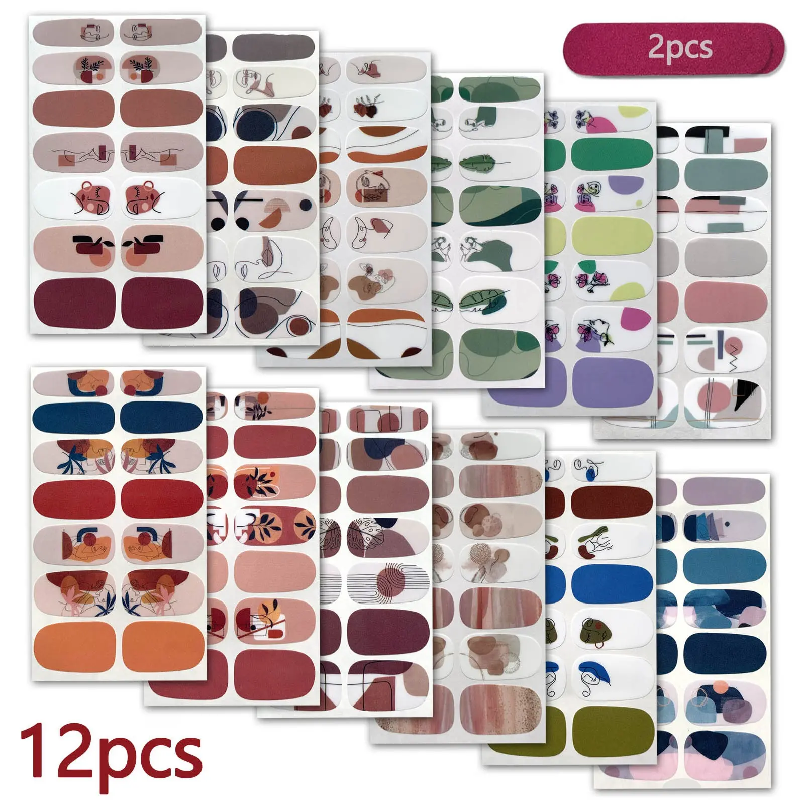 Self Adhesive False Nails Art Full Cover Stickers, 12pcs Full Cover Nail Art Sticker & 2 Nail File, Great for Girls Women's DIY Nail Art Nail Tips Kit, Nail Art Supplies, Nail Art Set