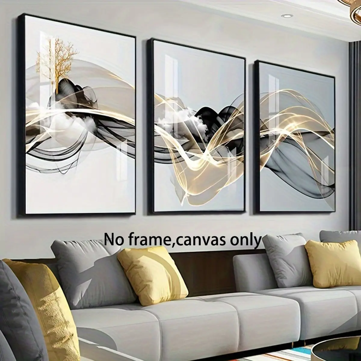 3-piece frameless minimalist black and gold abstract line canvas poster, waterproof canvas wall painting, modern art wall painting, Modern Abstract Design, gift, hallway, living room, bedroom, office, wall decoration, Modern Home Decor