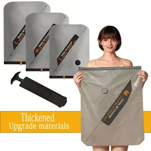 Upgraded vacuum compression bag set, Vacuum sealer bags, Organizational zipper storage, 2 bags + 1 hand pump, 3 sizes, gray semi-transparent material, see items while protecting privacy, travel storage bags