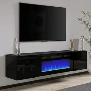 Floating TV Stand  36"/40" Electric Fireplace – High Gloss Finish Wall-Mounted Entertainment Center  Storage For TVs Up To 78"/90",Black with Lights