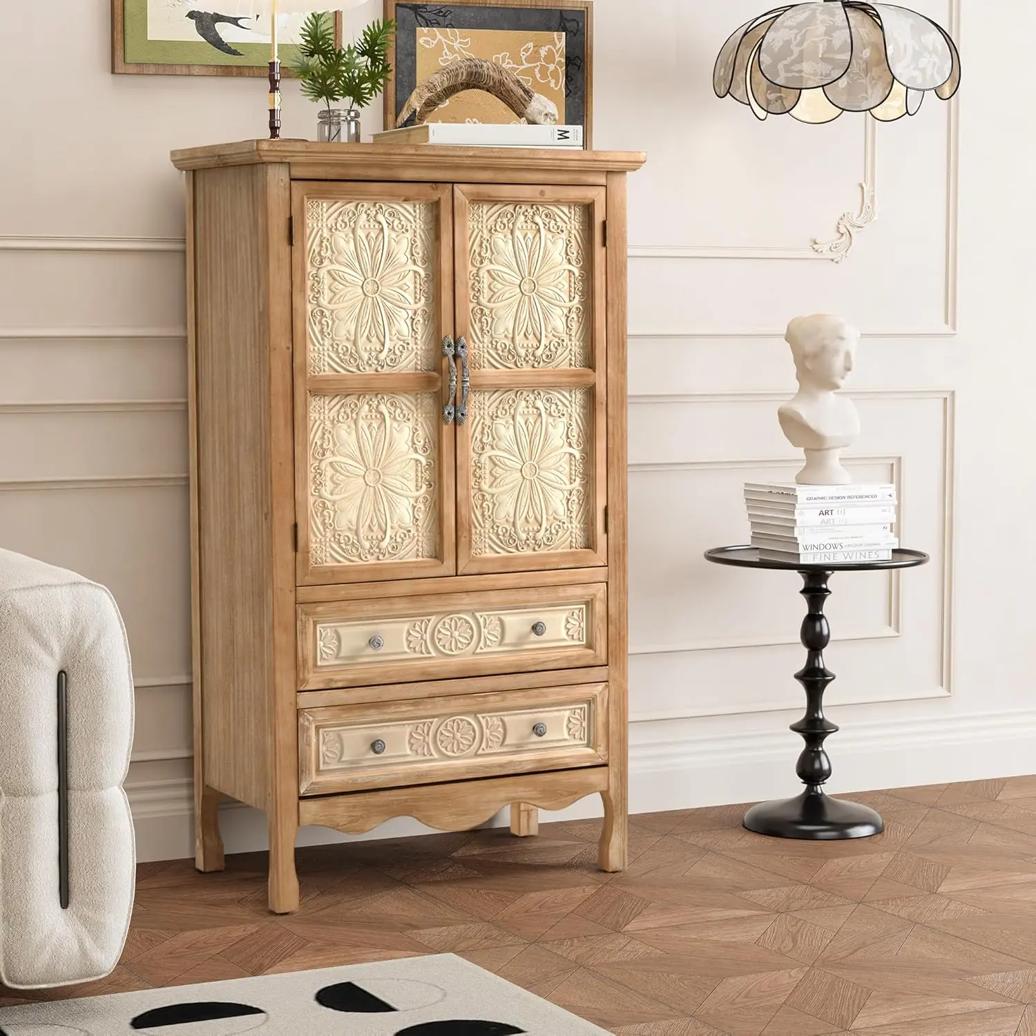 RoyalCraft L Vintage Sideboard Buffet, Accent Cabinet with 2 Carved Doors and 2 Drawers, Solid Wood Sideboard with Storage, French Country Cabinets for Dining Room, Kitchen, Living Room, Hallway