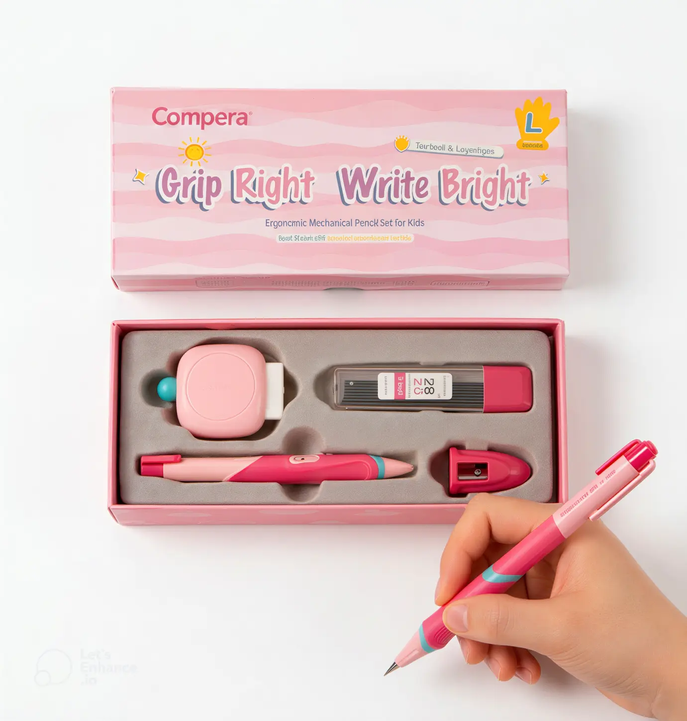 【Back To School 】Comix Ergonomic Mechanical Pencil Set - 5-Finger Grip Training, 2.0mm 2B Lead, Eraser, Pink & Blue Gift Box, First Day of School Supplies, Classroom Prizes, Comix Gift-Ready Set for Handwriting Practice