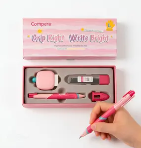 Comix Ergonomic Mechanical Pencil Set for Students - 5-Finger Grip Training, 2.0mm Lead & Eraser, Pink & Blue Gift Box