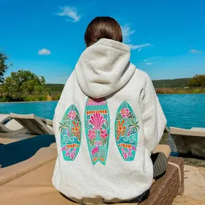 Boho Surfboard Hoodie, Colorful Beach Vibes Pullover, Coastal Aesthetic Hoodie, Trendy Surf Wear, Unisex Streetwear
