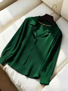 Women's Casual Elegant Solid Color Satin Business Lapel Long Sleeve Shirt Blouse, Stylish Office Wear, Comfortable and Sophisticated Design