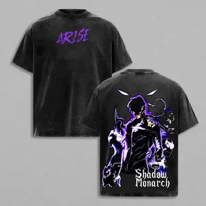 Vintage Washed Shadow Monarch Sung Jin-Woo Anime Print T-Shirt, Heavyweight Cotton Loose Purple Flame Streetwear Top for Men and Women, Dark Fantasy Korean Manhwa Fan Gift Casual Short Sleeve