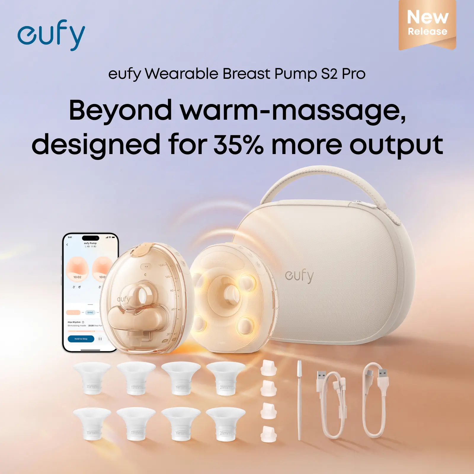 [Exclusive bundle] eufy Security Heated Massage Wearable Breast Pump S2 Pro, HeatFlow, Double-Sealed Flange, Nipple Light, DIY Rhythm, Full Milk & Leak Alert, Wireless Charging Case, 7-Day Battery, App Control