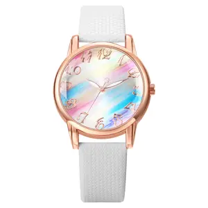 Womens Bohemia Leather Watch: Analog Quartz Bling Rainbow Round Dial Wrist Watch School Office Party