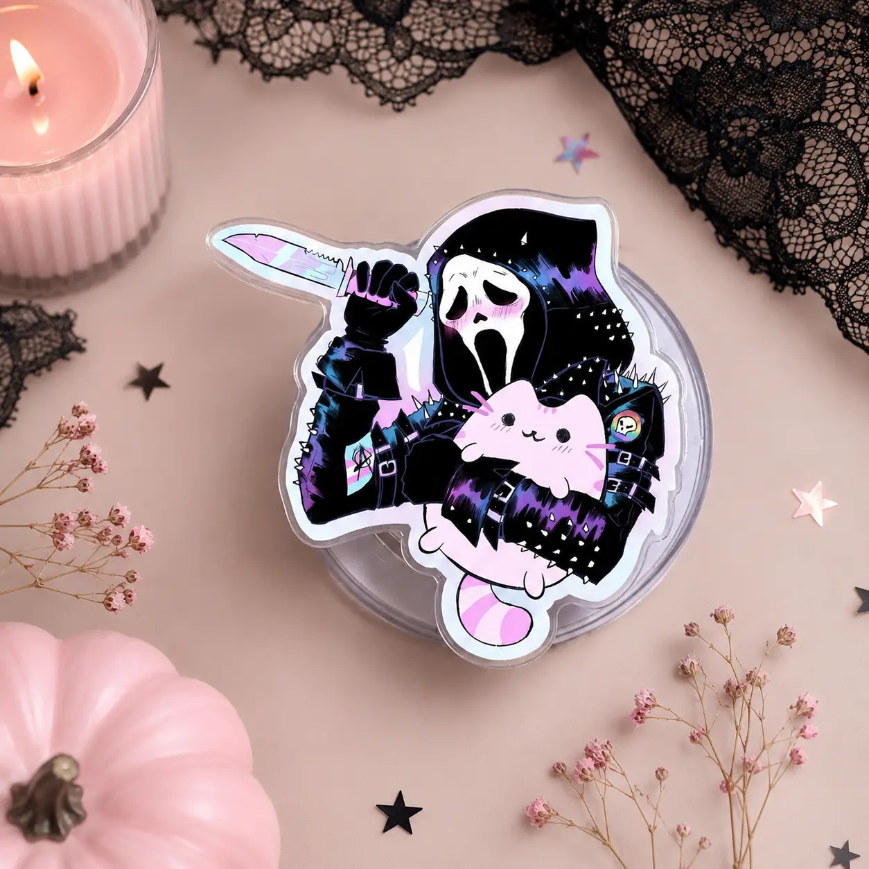 Creepy Cute Horror Character With Pink Cat Phone Grip Stand Expanding Holder For Mobile Phones And E-Readers Gothic Aesthetic Accessory
