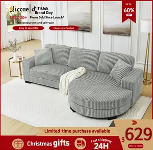 [3 Pack] Niccae Modern Floor Standing Sofa with 2 Pillows Convertible Foam Bed Sofa Corduroy Upholstered Lounger L Shaped Sectional Sofa with Ottoman Sectional Sofa for Home Office Living Room Bedroom Apartment Viral Boneless Sofa