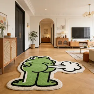 Bizarre farting frog shaped carpet, green black contrasting velvet floor mat, balcony anti slip and absorbent foot mat, children's room decorative mat suitable for ins style/playful personality home decoration, Fluffy Rug, Unique Frog Design