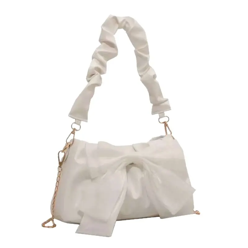 Solid‑Color Sweet Bow Decor Crossbody Bag  Women, Charming Unique Ruched Top‑Handle Handbag With Pleated Strap, Elegant Cute Fashion Purse, Versatile Casual Accessory Ideal  Daily Outings Dating Shopping Parties And Romantic Everyday Occasions for