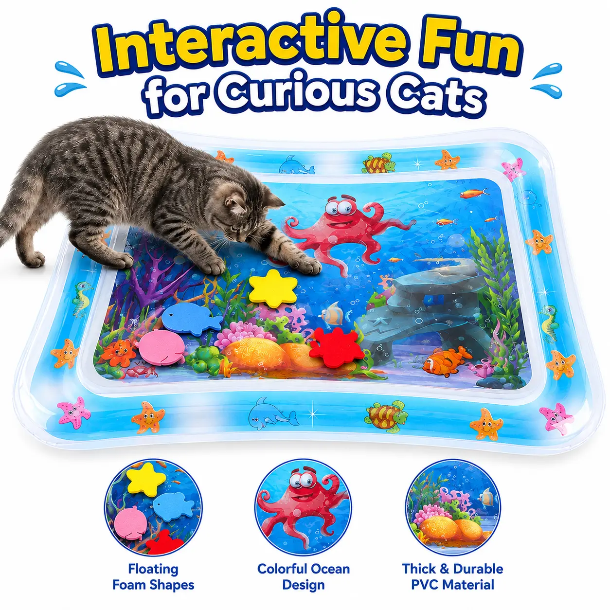 【PIPA】Foldable Cat Water Mat, Interactive Cat Toy for Indoor Cats, Thickened PVC Cooling Water Pad with Floating Color Shapes, Easy-Fill Leak-Resistant Cat Play Mat for Daily Enrichment