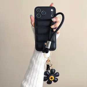 Wrist Chain Strap Flower Case For iPhone 17 Pro Max 17 Air 16E 16 15 14 13 12 11 Pro Max 15 Plus Puffer Down Jacket Soft TPU Back Cover Accessories