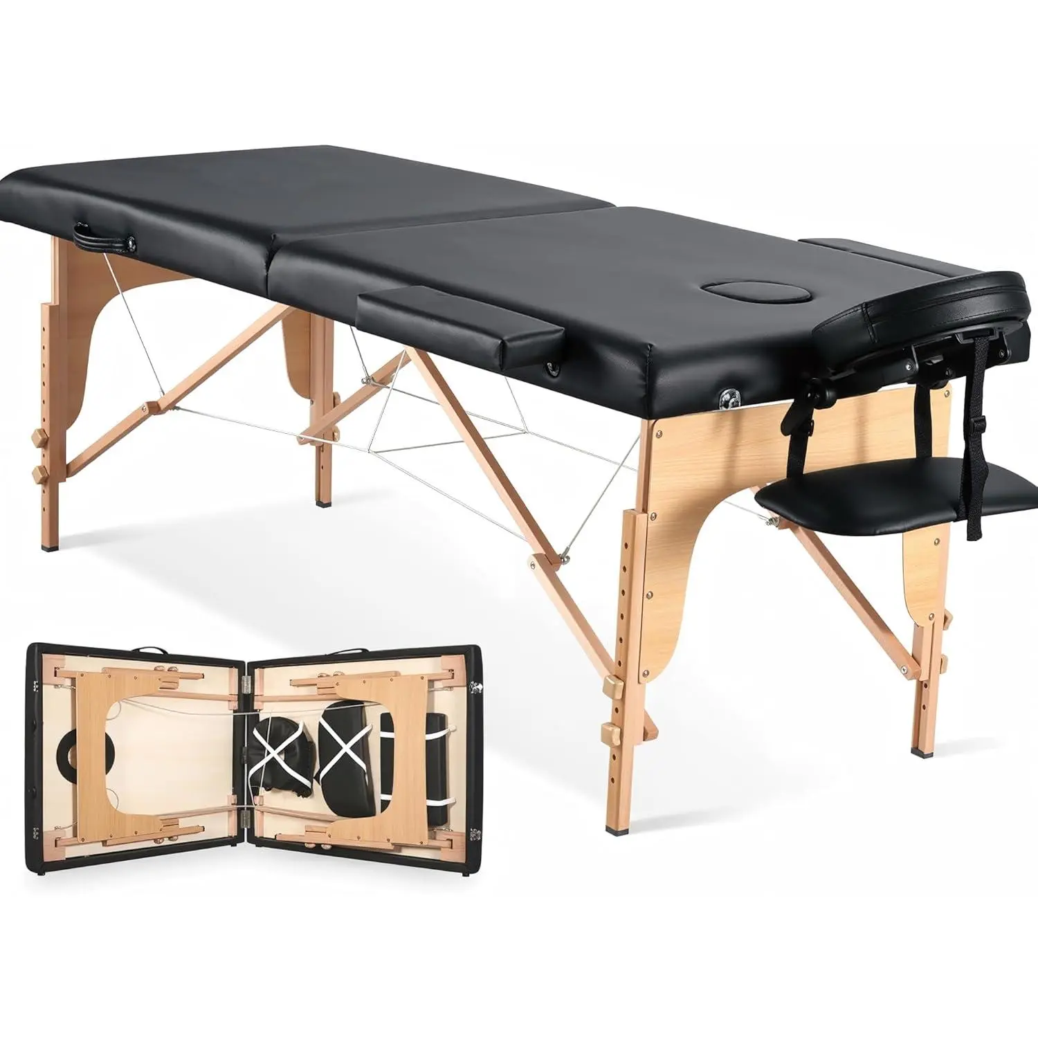 Foldable Grooming Table, 24" Width Extra-Wide Portable Wooden Massage Bed, Beauty Salon Equipment, Compact 2-Fold with Bag, Adjustable Height (35in), Face Cradle for Spa Tattoo (Black), Height Adjust