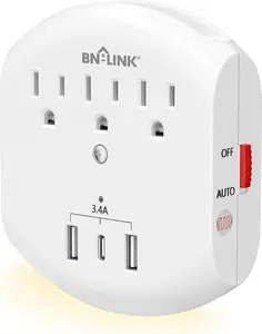 BN-LINK 3-Outlet Extender with 3 USB Ports & Dusk-To-Dawn Sensor Night Light, Surge Protector, Top Phone Holder for Travel, Home, School, Office