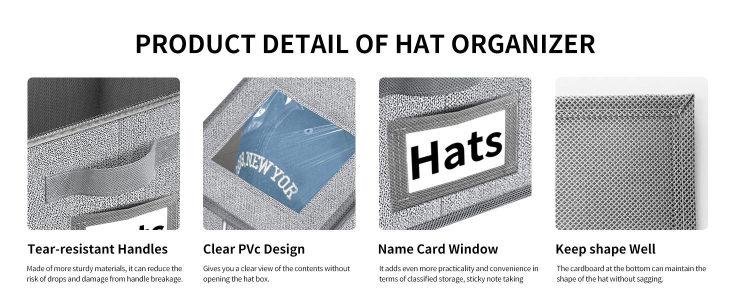 2 PCS Stackable Hat Storage for Baseball Caps, Holds up to 24 Caps Hat Organizer for Closet, Sturdy Snapback Boxes for Men with Cardboard, Stackable Hat Box in Breathable Linen Fabric, Clear Window Closet Storage for Caps, Grey