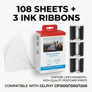 Compatible for Canon Selphy CP1500 CP1300 Ink and Paper for Canon Photo Paper 4x6 Inch Color Ink and Paper Set(3 Ink + 108 Sheets Glossy KP-108in Photo Paper)for Selphy CP1200 CP1000 CP910 CP900 CP810