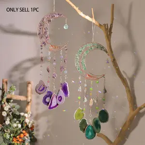 Gemstone Moon Suncatcher - Copper Wire Wrapped Tree of Life & Natural Agate Slice Wind Chimes, Crystal Rainbow Maker for Home Window, Garden, Wedding & Hanging Decor, Perfect Birthday Gift